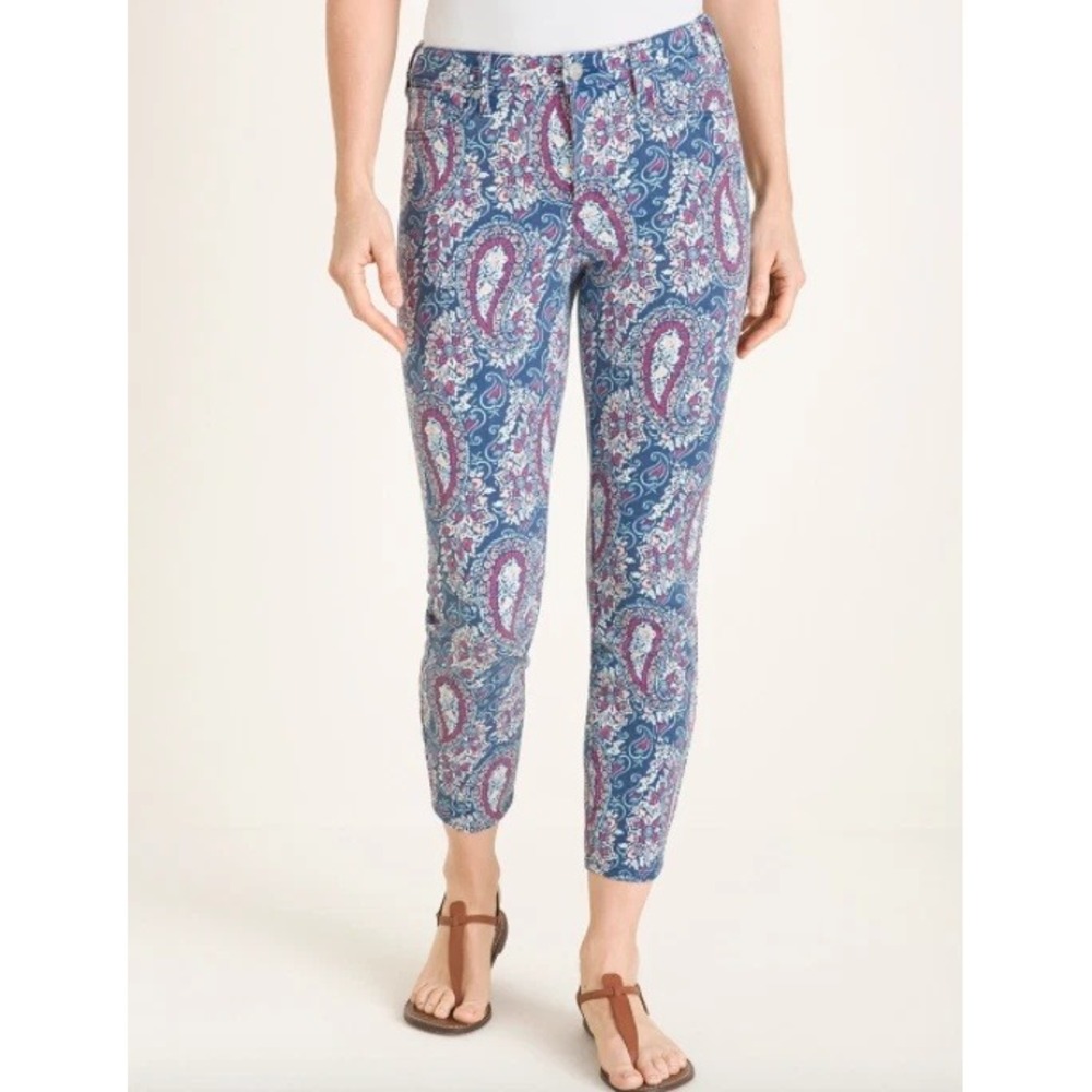 NYDJ for Chico's Size 14 Paisley Skinny Ankle Pants Blue Pink Lift Tuck Spring - Picture 2 of 11